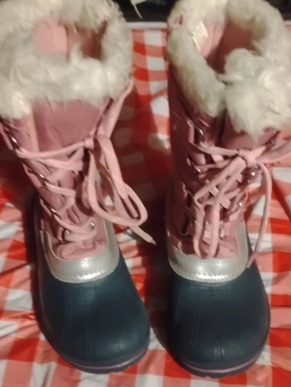 Pink and Navy Girls' Winter Snow Boots with Faux Fur Trim